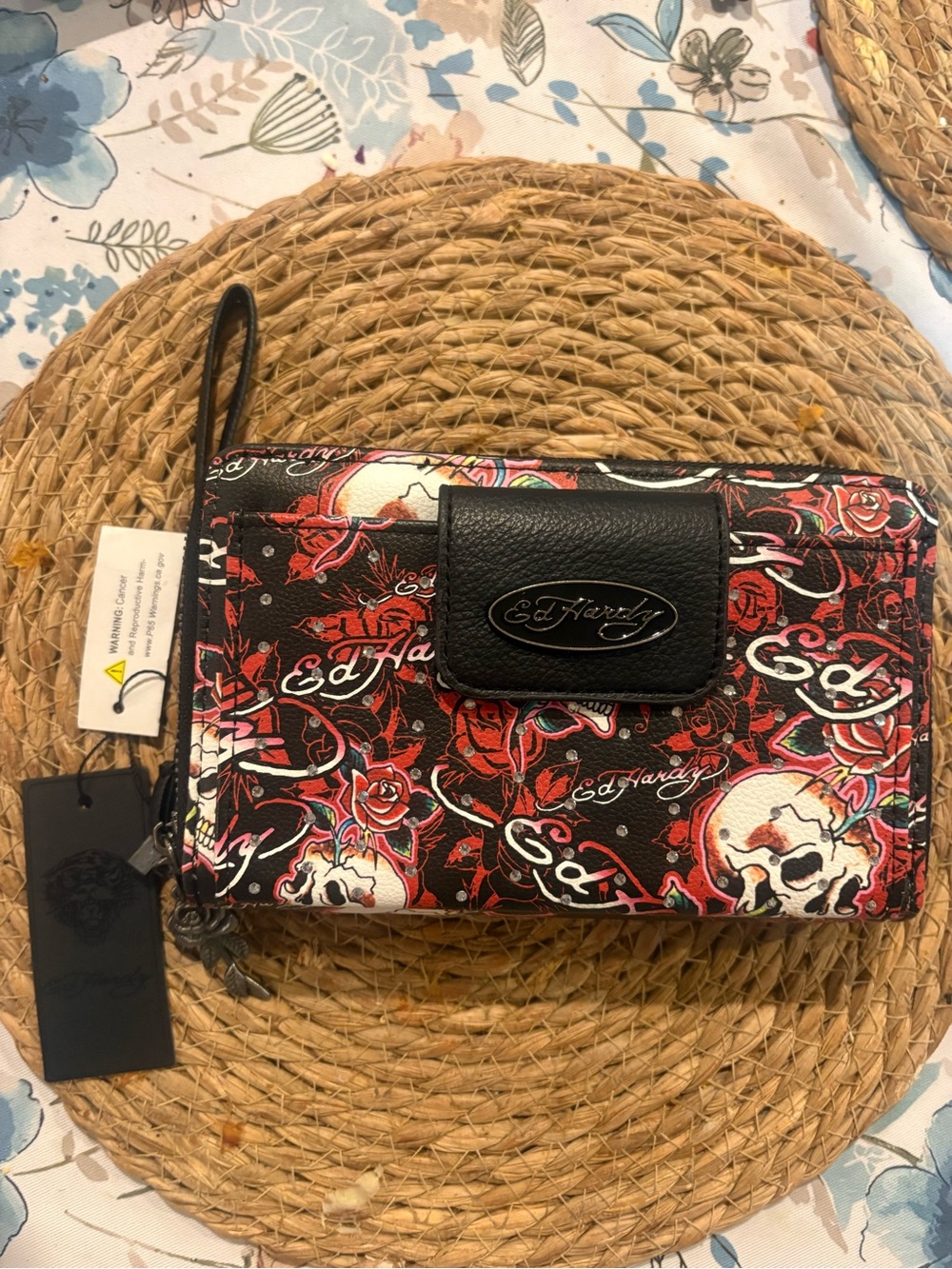 Ed Hardy Black & Red Skull Rose Wristlet Clutch